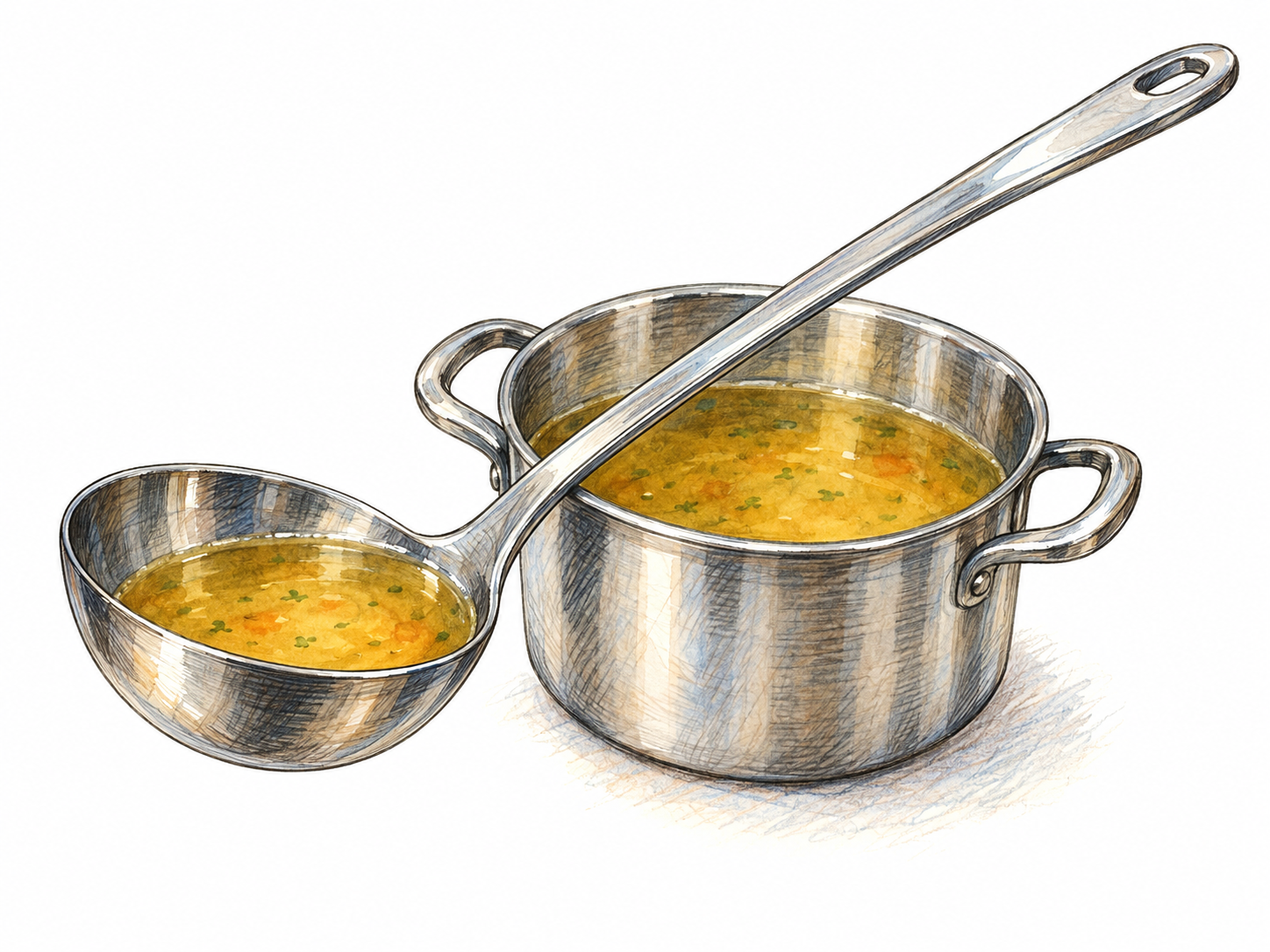 A large metal ladle resting diagonally across the rim of a simple soup pot, its long handle and deep round bowl fully visible; the bowl holds broth.