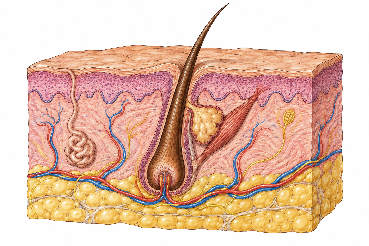 Accurate skin cross-section showing single hair shaft emerging from follicle tube with bulb beneath surface, clean educational anatomy.