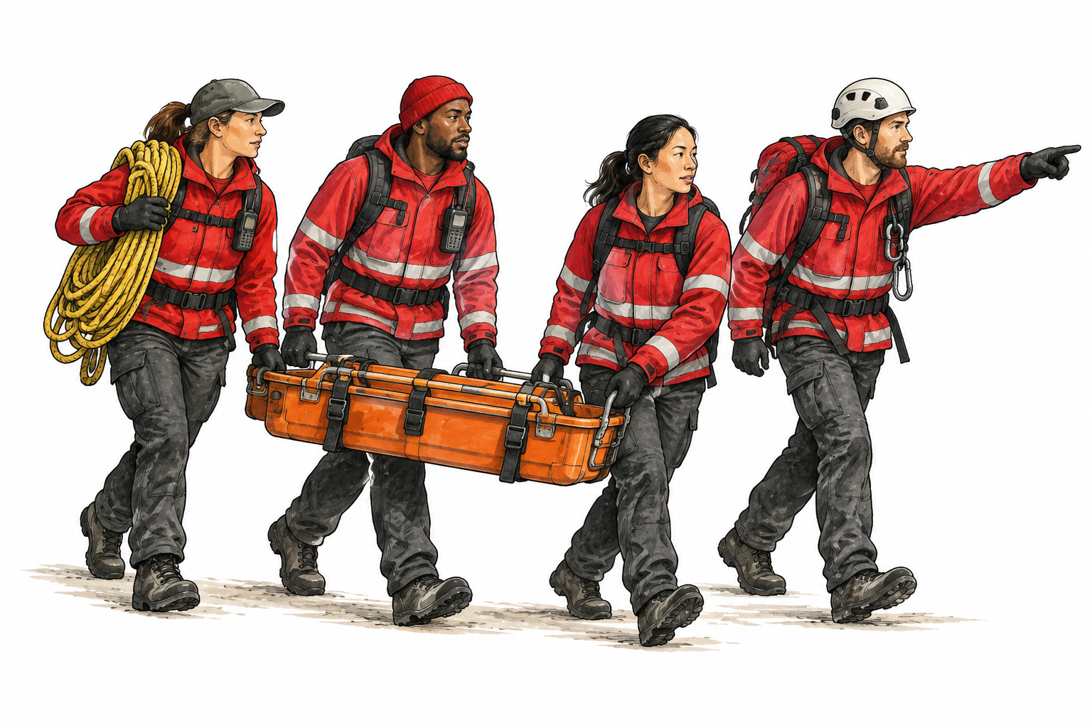 A diverse small team of rescue workers coordinate carrying equipment toward a task, organized unit and matching work jackets, no emergency injury.