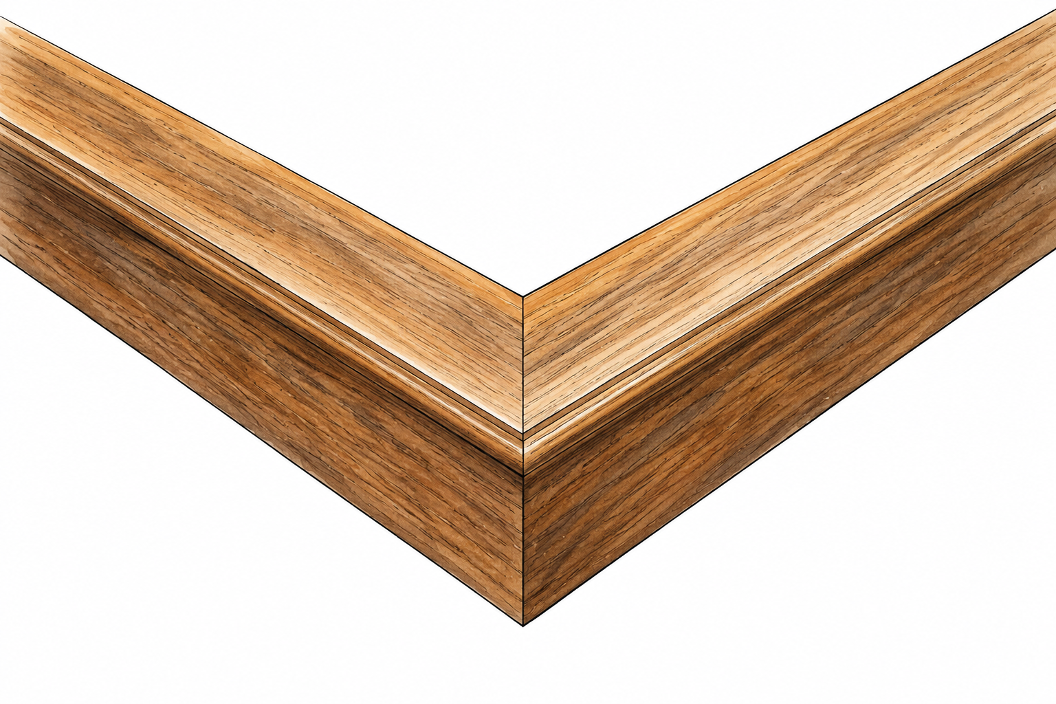Two wooden frame pieces cut at matching45-degree angles join seamlessly into90-degree picture-frame corner, close craft detail.