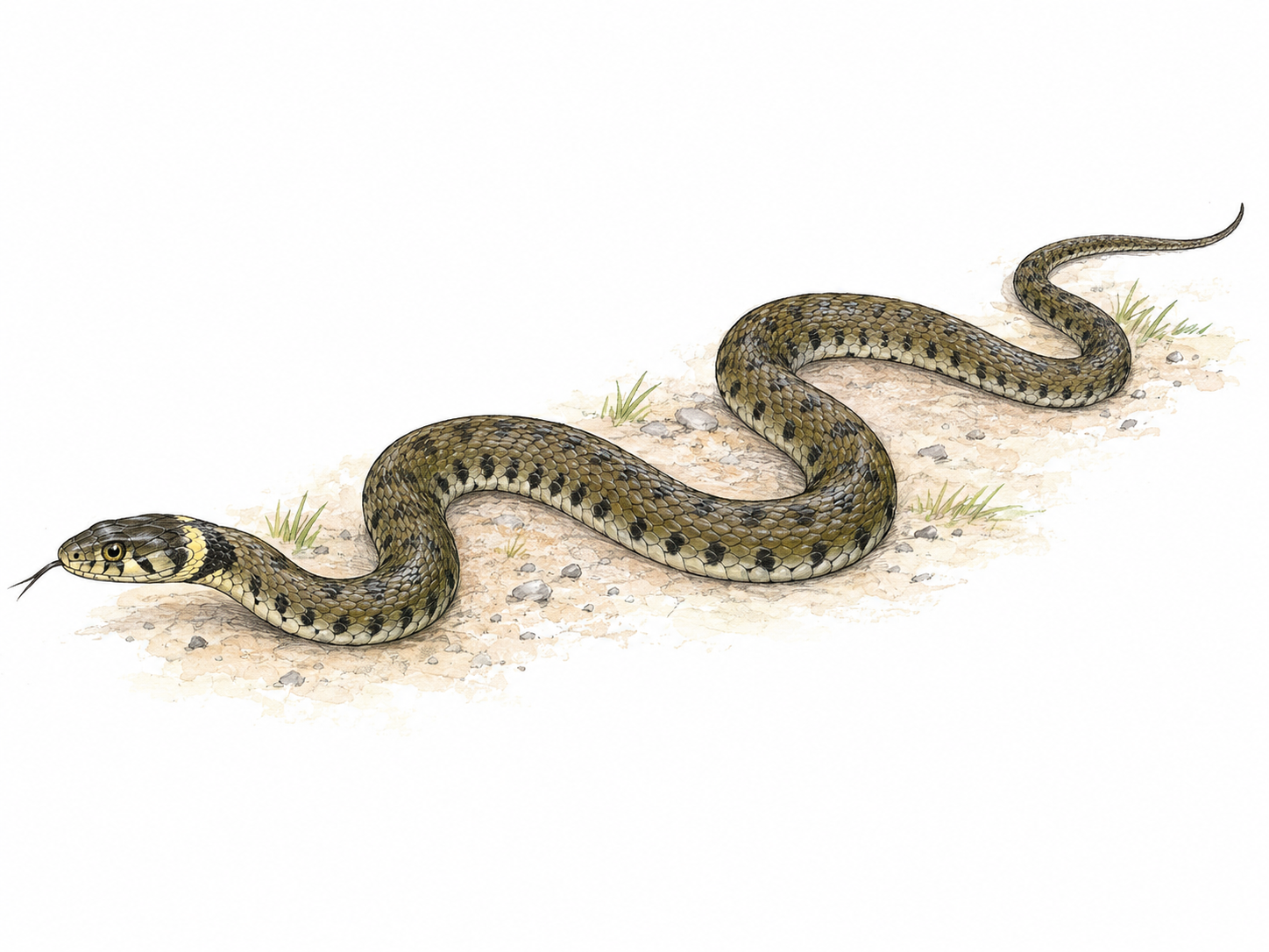 A single realistic snake slithering across a small patch of bare ground, its entire limbless body visible in broad alternating curves.