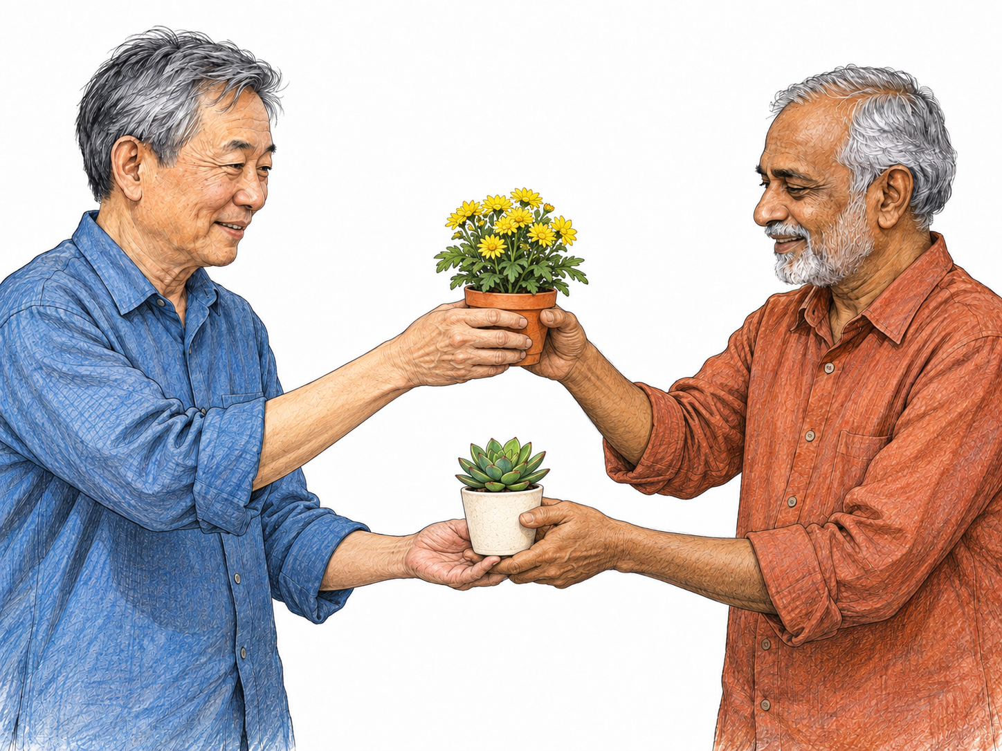 Two older men simultaneously exchange two different potted plants, each offering one plant and receiving the other.