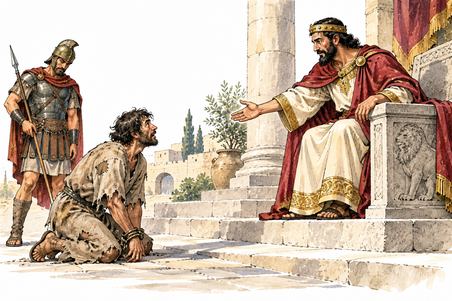 A stern ruler compassionately gestures for a frightened captive to rise and leave unharmed, guard lowers weapon, humane release, no lettering.
