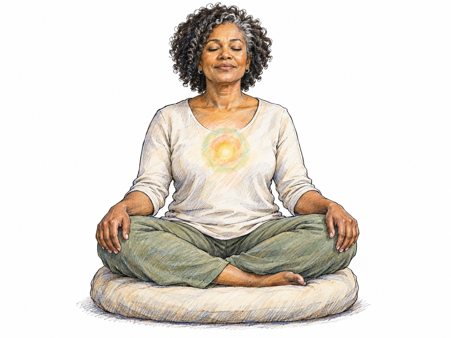 A modern woman sits quietly in meditation, with a single small translucent circular motif over the center of her chest symbolizing a chakra rather than a physical organ.