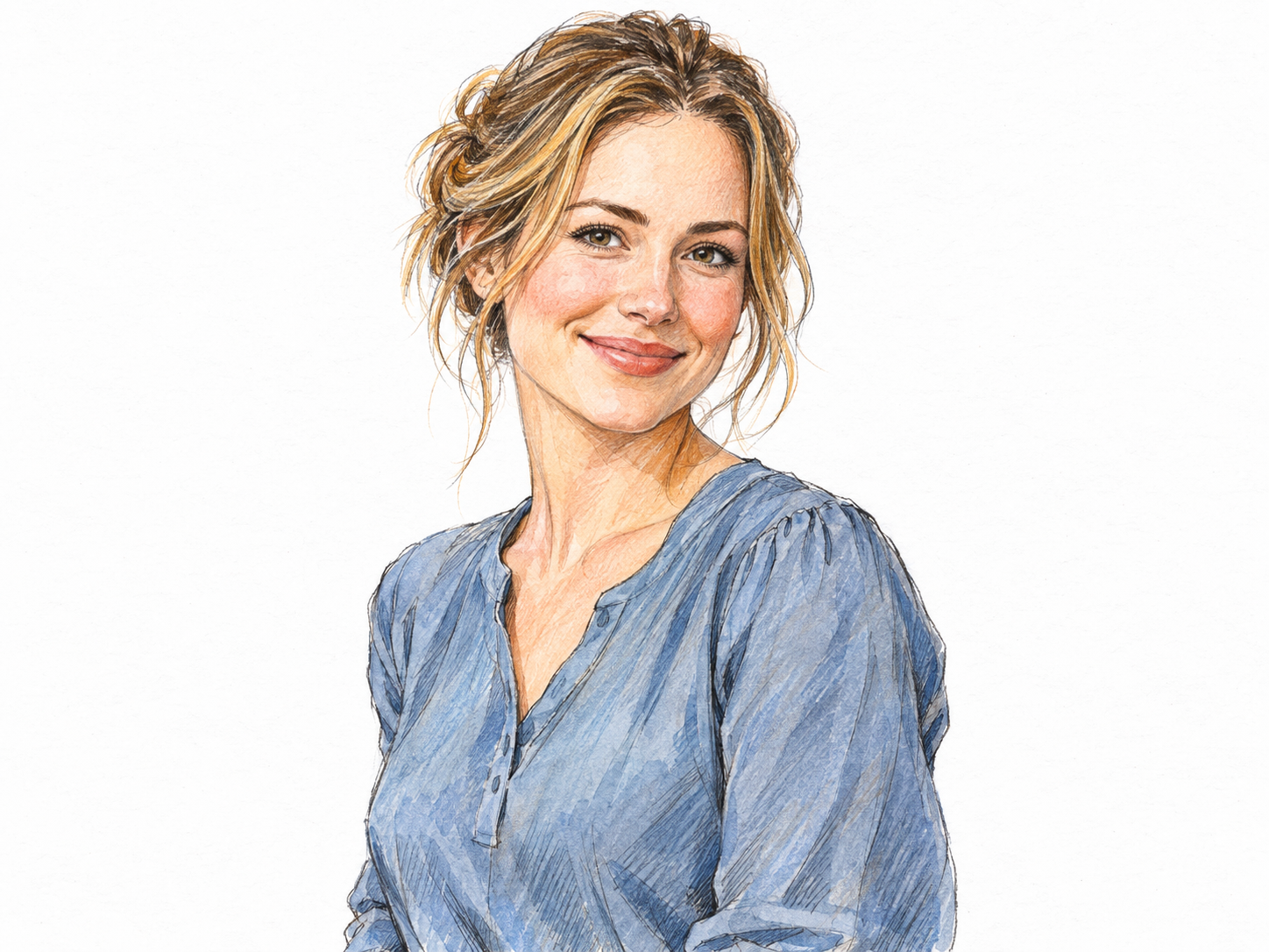 A simple contemporary portrait of an attractive young adult woman, with a warm smile, graceful posture, and understated everyday clothing.
