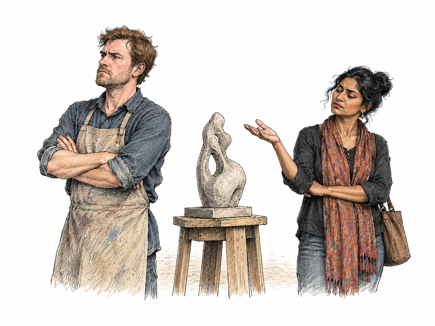 A person turns away with wounded pride after another person's dismissive gesture toward the first person's handmade sculpture, tightened mouth and crossed arms show irritation without aggression.