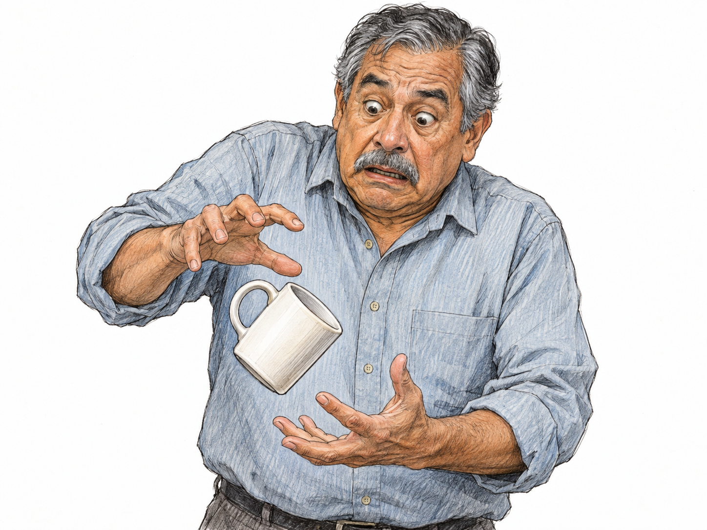 An older man fumbles a ceramic mug: it tips sideways just beyond his fingertips while his other hand scrambles underneath to catch it, visibly almost dropped rather than securely held.