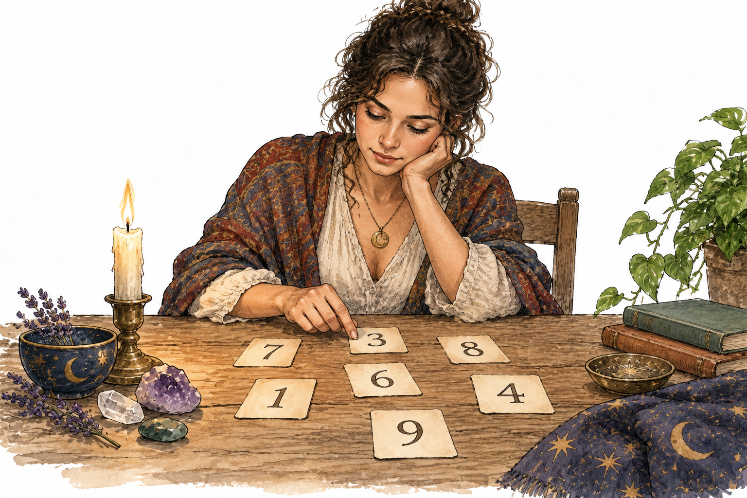 A person contemplating an arrangement of number cards on an unlettered table with a candle and subtle mystical star motifs, illustration of belief practice rather than scientific claim; only isolated digits on cards.