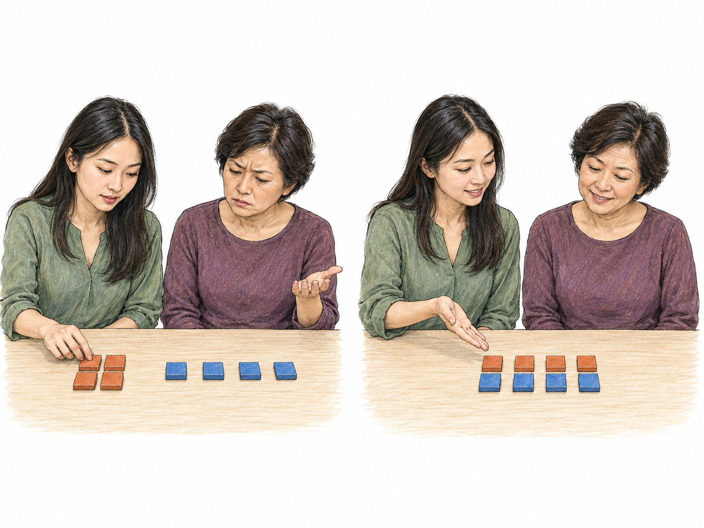 A cogent explanation made visible through a simple physical proof: a woman resolves another woman's doubt about two differently arranged groups of tiles by pairing every tile one-to-one, making their equality immediately clear and convincing.