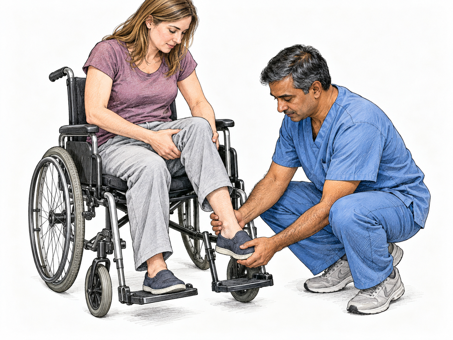 A wheelchair user manually lifts and positions an unresponsive leg while a clinician supports her foot: active hands and upper body contrast with passive lower limbs, illustrating the 'affected by loss of bodily movement' branch of paralytic.