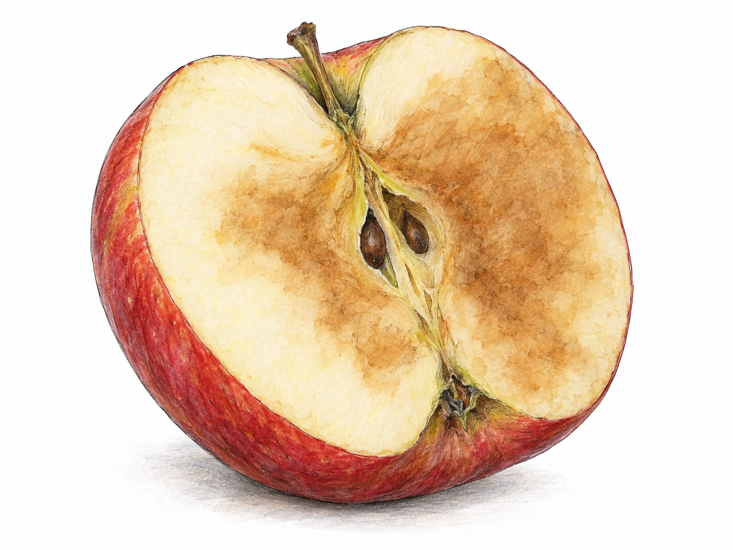 A freshly cut apple half has an irregular brown oxidized patch across its otherwise pale cream flesh, making the change from its normal color immediately visible.