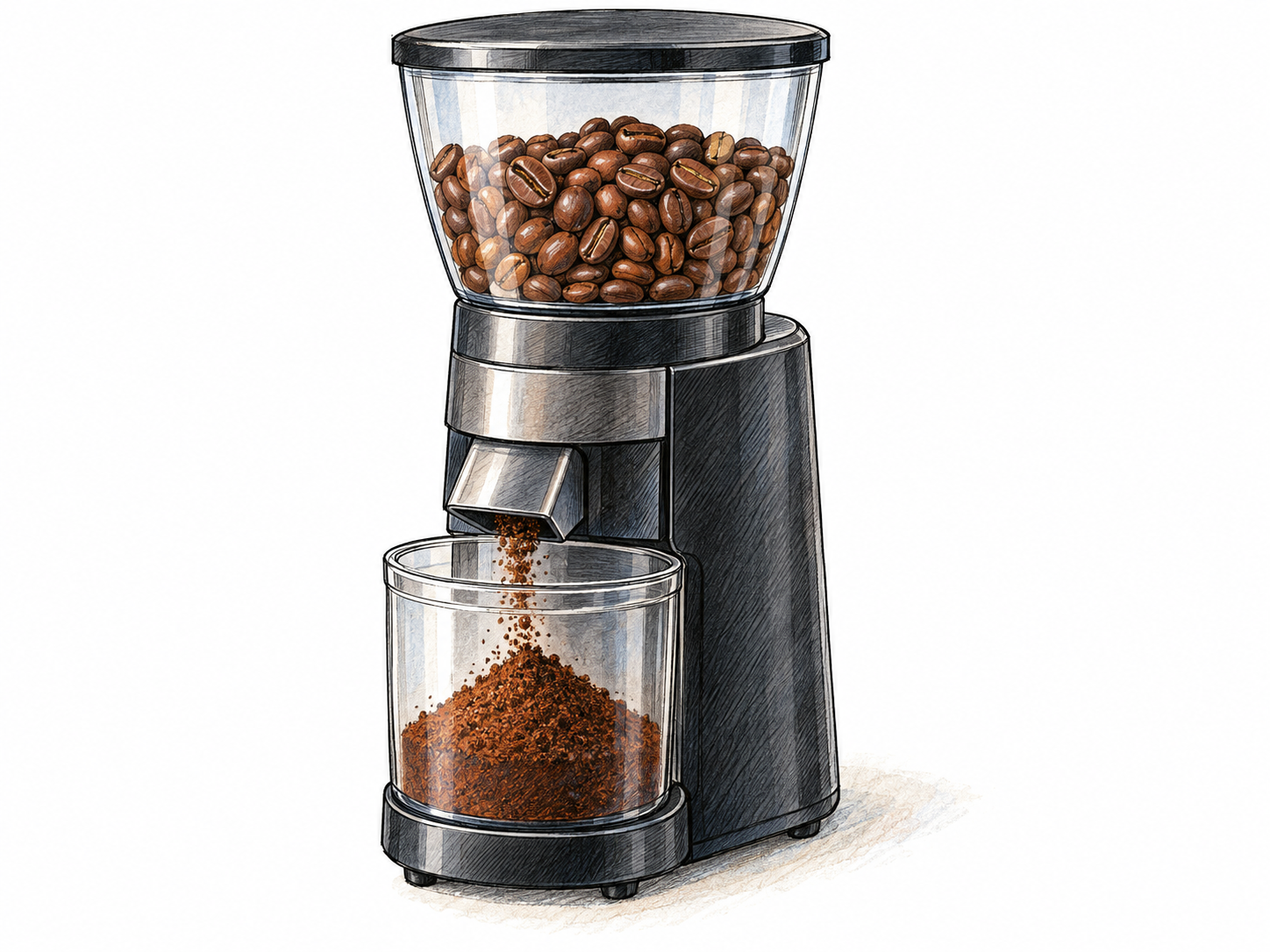 A compact electric coffee grinder with whole beans visible in its transparent hopper and finely ground coffee collected directly beneath its outlet, making the machine’s pulverizing function clear.