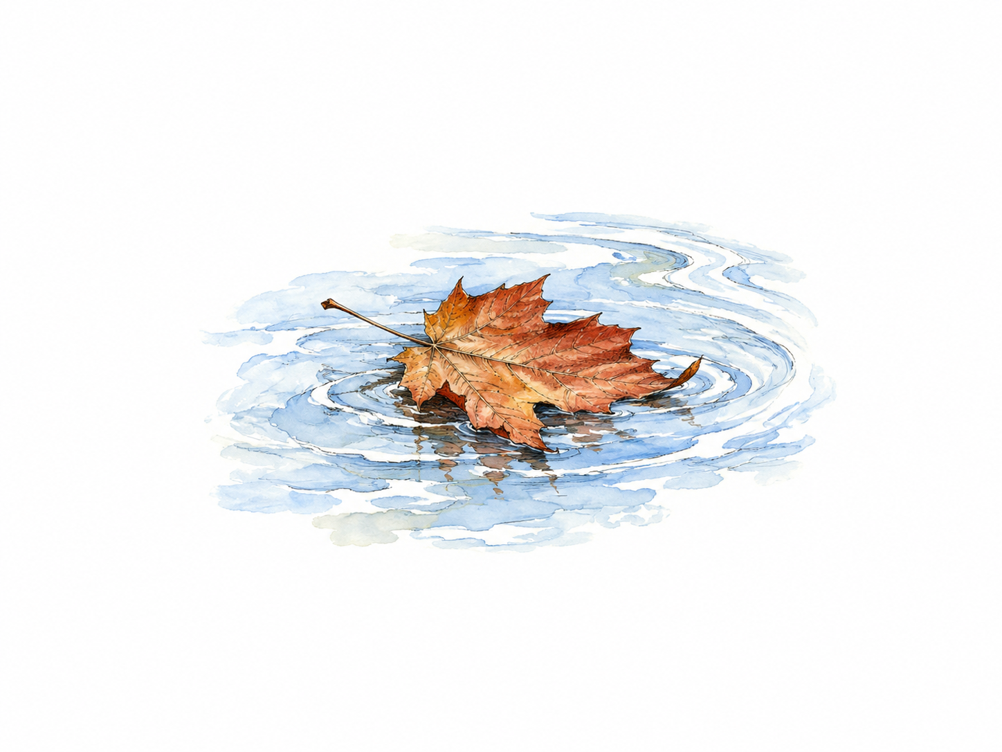 A single autumn leaf floats slowly along an irregular gentle current on a small patch of pale blue water, turning slightly amid loose ripple curves.
