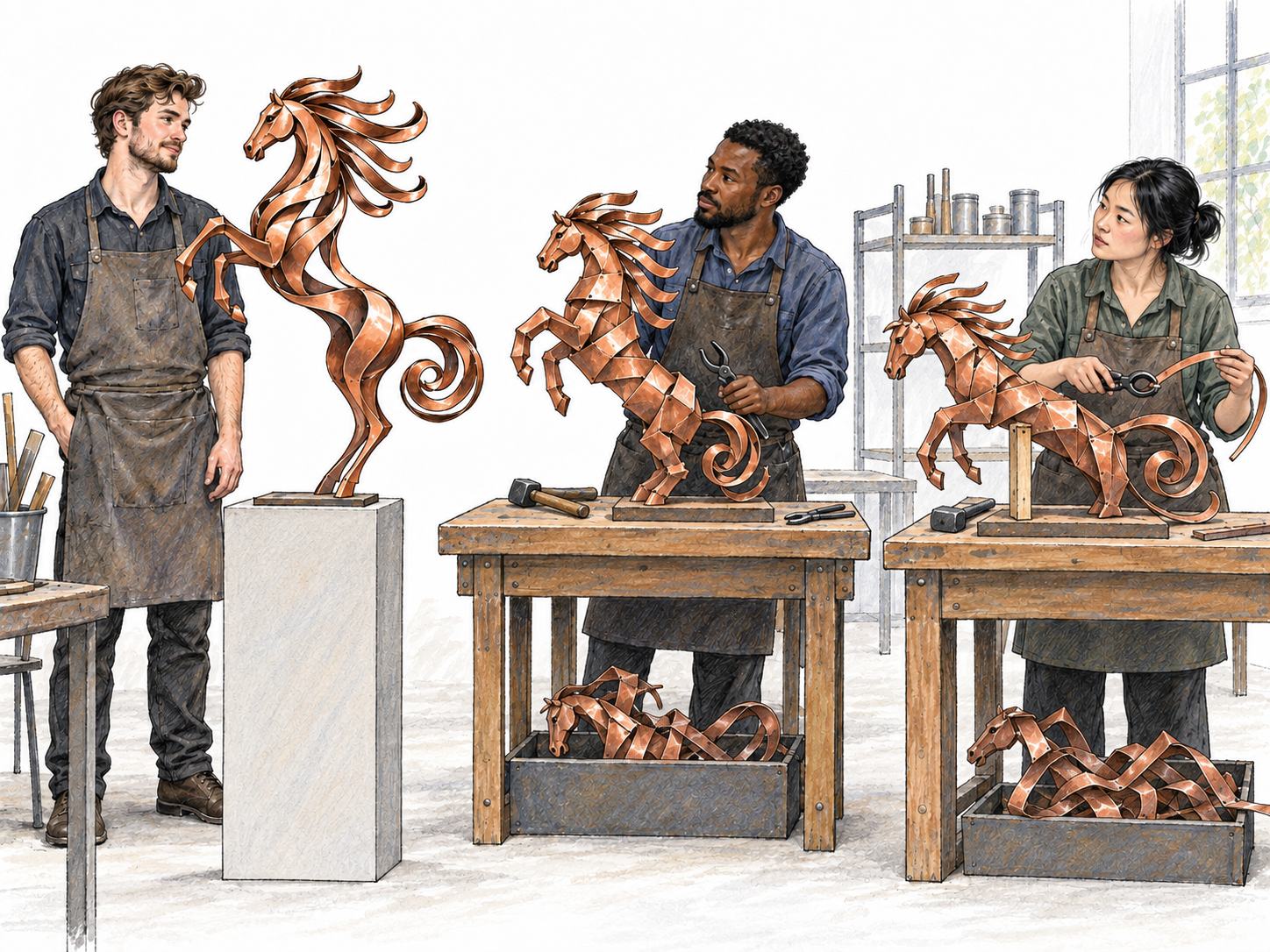 Two sculptors attempt to reproduce a colleague’s exceptionally distinctive ribbon-metal horse, but their visibly derivative versions cannot capture its airy, expressive form.