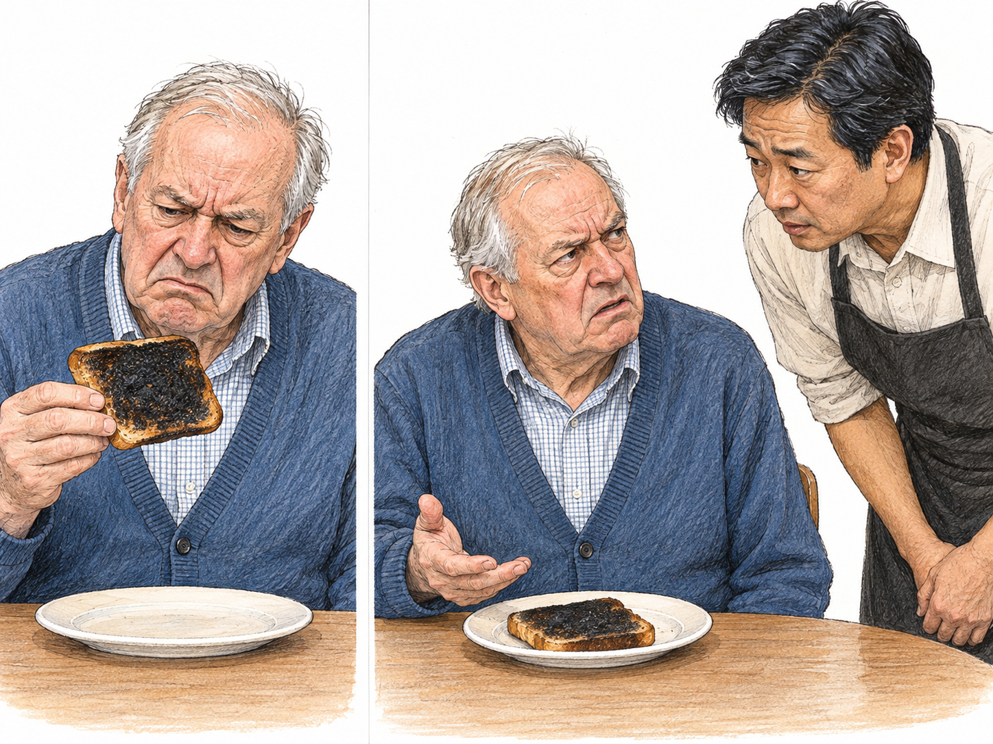 A compact two-moment café sequence shows a customer discovering badly burnt toast, then grumbling about it to a waiter: a sour, hunched posture, narrowly parted downturned lips, and a small insistent gesture toward the toast convey subdued complaining rather than an angry outburst.