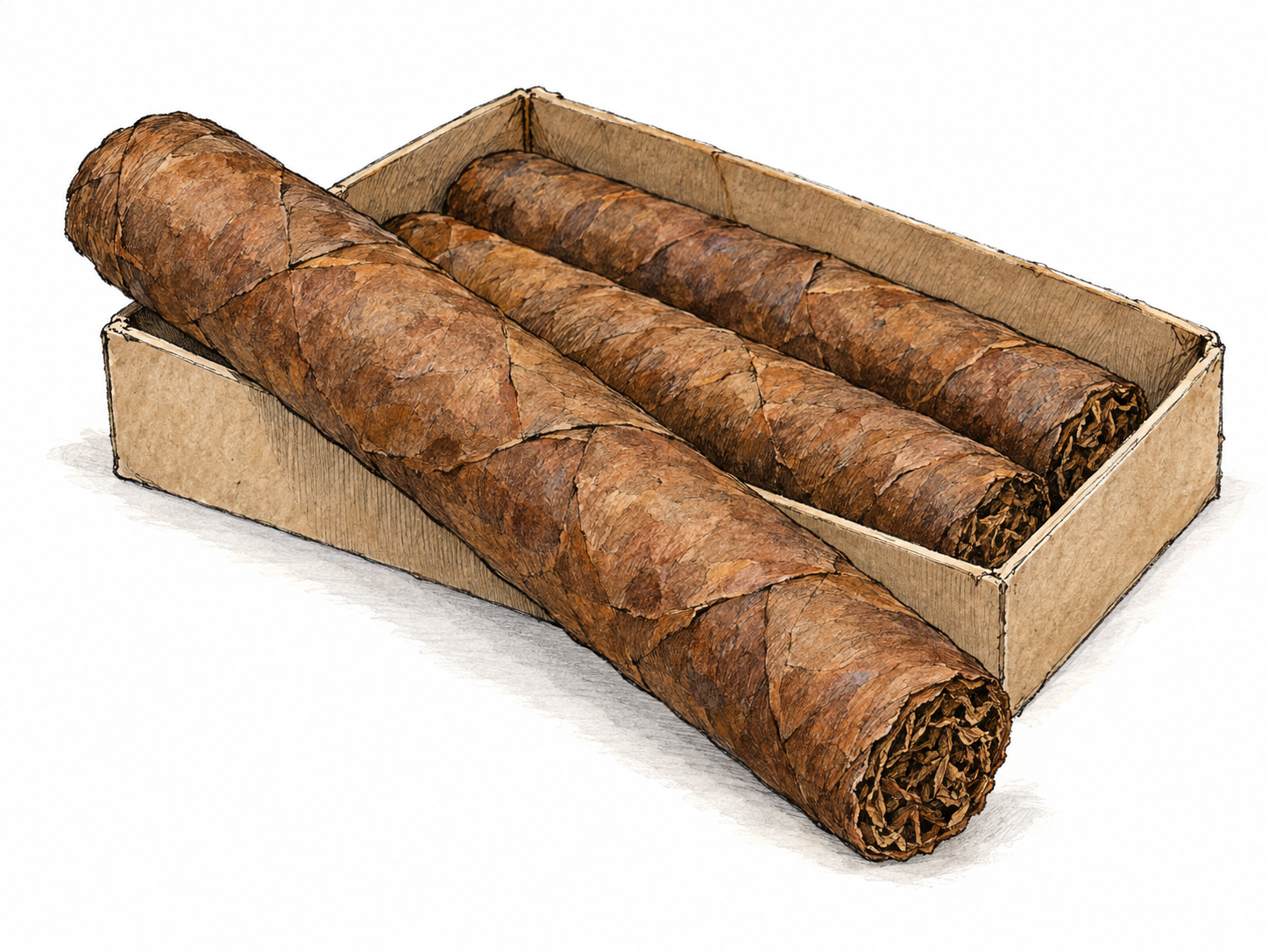 A close-up of a long, coarse, unbanded cigar, with an uneven tobacco-leaf wrapper and ragged open end, resting beside two similar cigars in a plain, inexpensive cardboard tray.