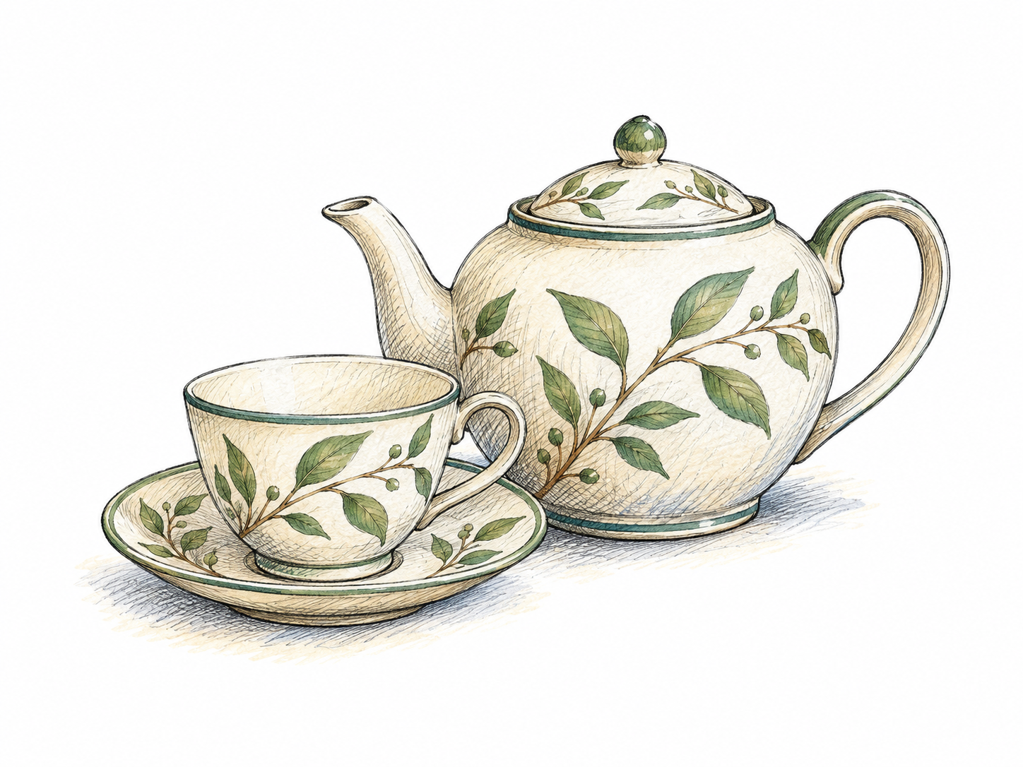 A small carefully matched cup, saucer and teapot share the same simple restrained leaf decoration and proportions, harmonious fitting together clear, no writing.