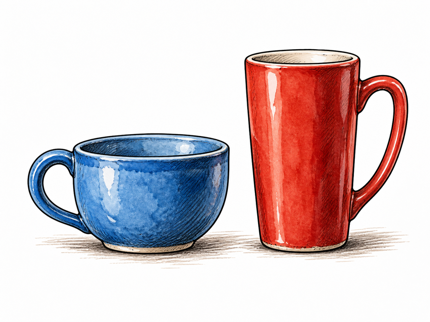 Two ceramic cups side by side differ conspicuously in shape, size and color: short wide blue cup and tall narrow red mug.