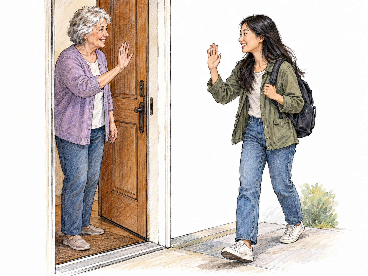 An older woman at her open front door welcomes a young adult visitor with a friendly raised hand; the arriving visitor smiles and returns the greeting.
