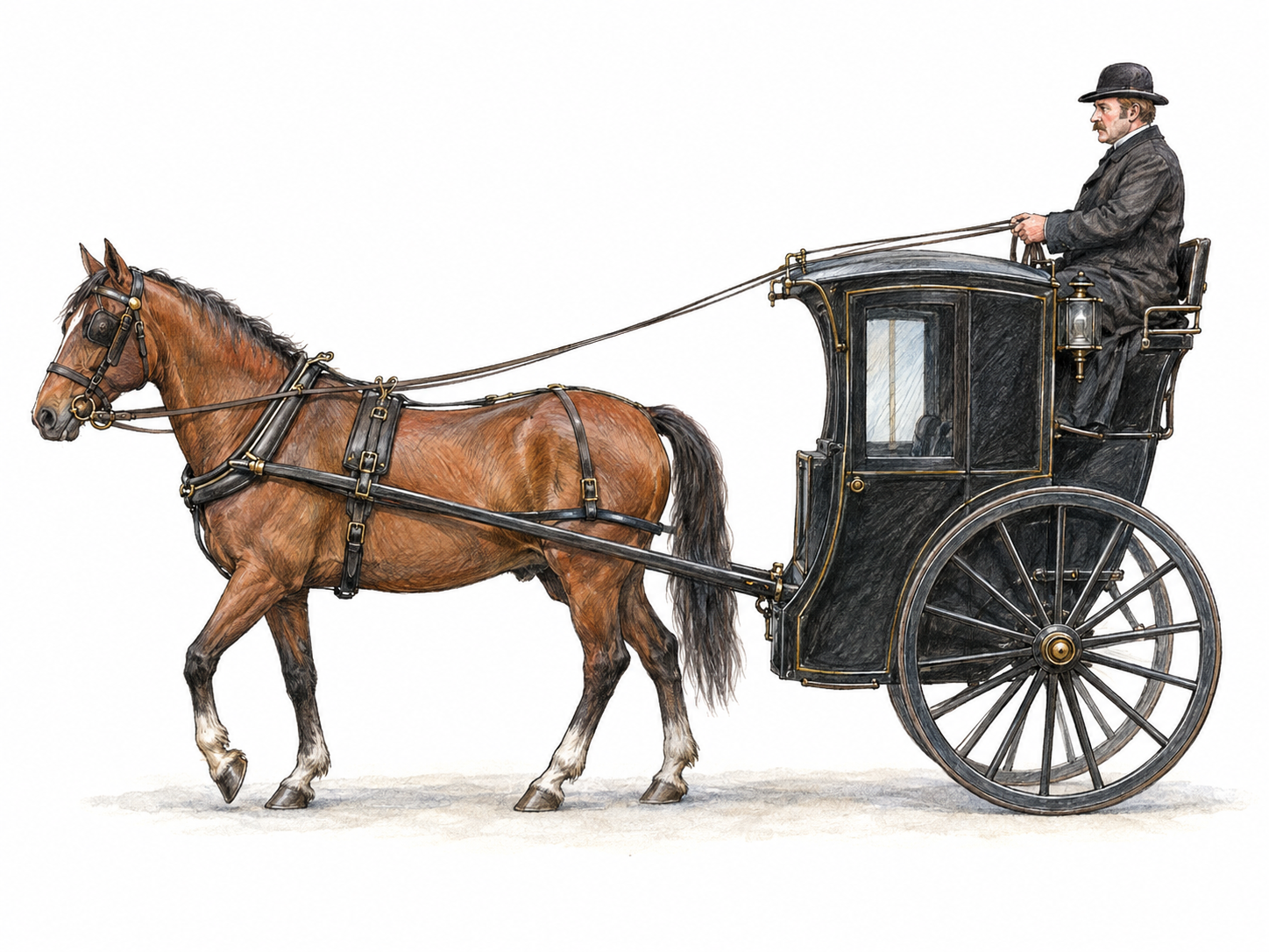 A side view of a Victorian hansom cab drawn by one horse, clearly showing its two large wheels and the driver seated high behind the enclosed passenger compartment.