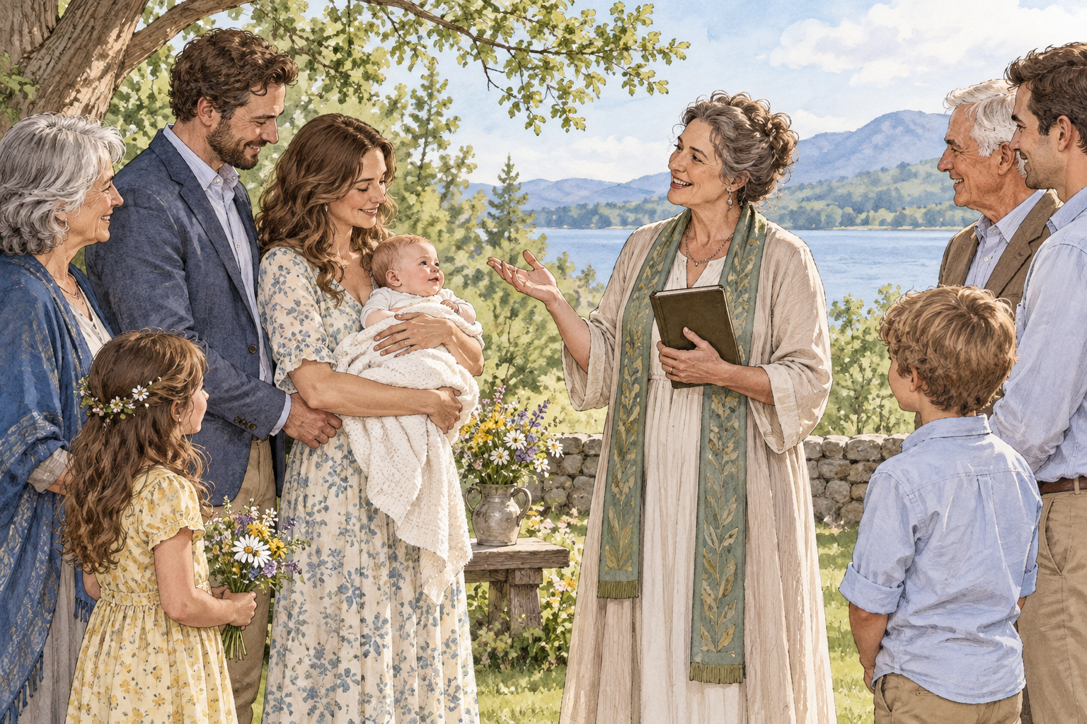 An adult celebrant leads a simple outdoor naming ceremony, holds a plain closed book and warmly addresses family gathered around, no words.