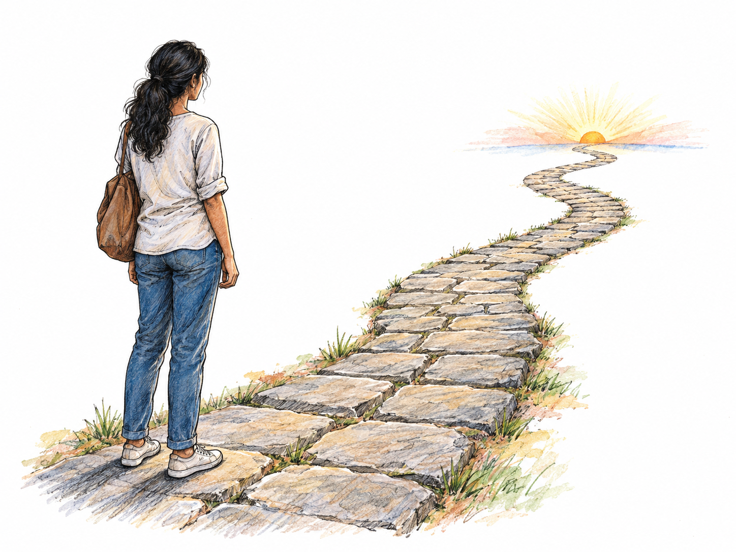 A young woman pauses at the beginning of a single, already-laid stone path that winds toward a distant sunrise.
