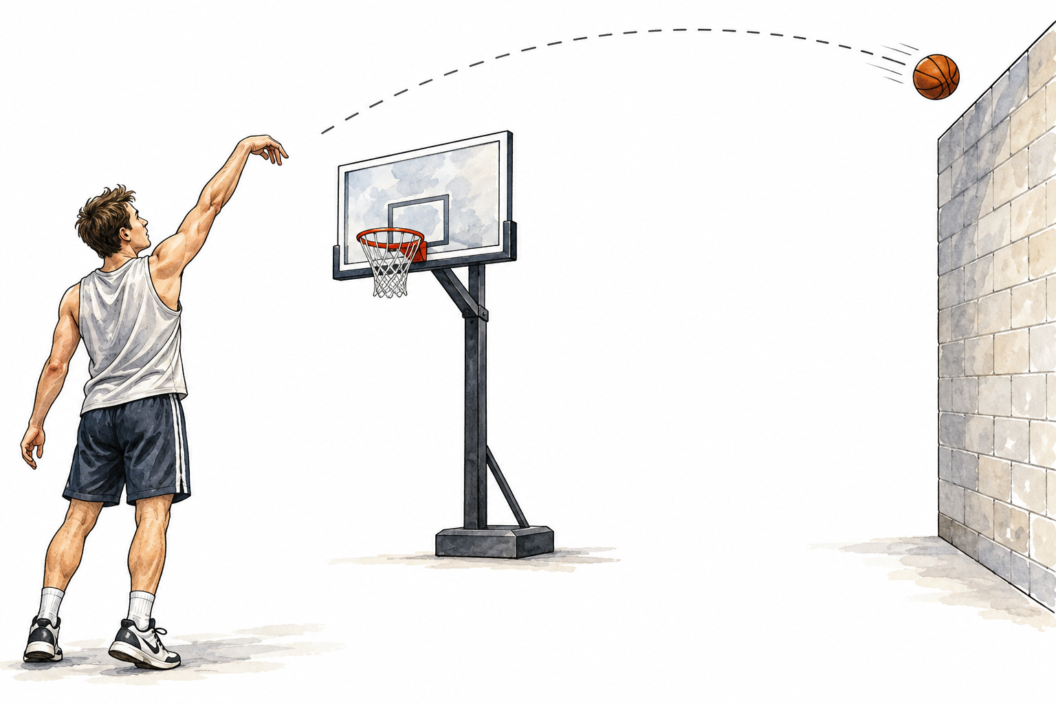 Basketball sails well beyond hoop toward far wall while shooter watches, overshot target.