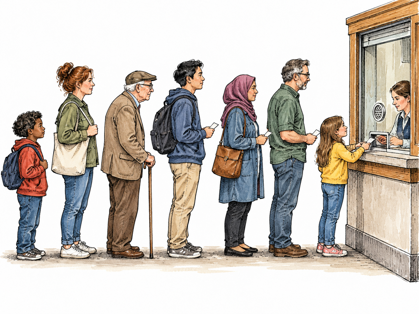 People of varied ages and ethnicities stand in one orderly line at ticket window.
