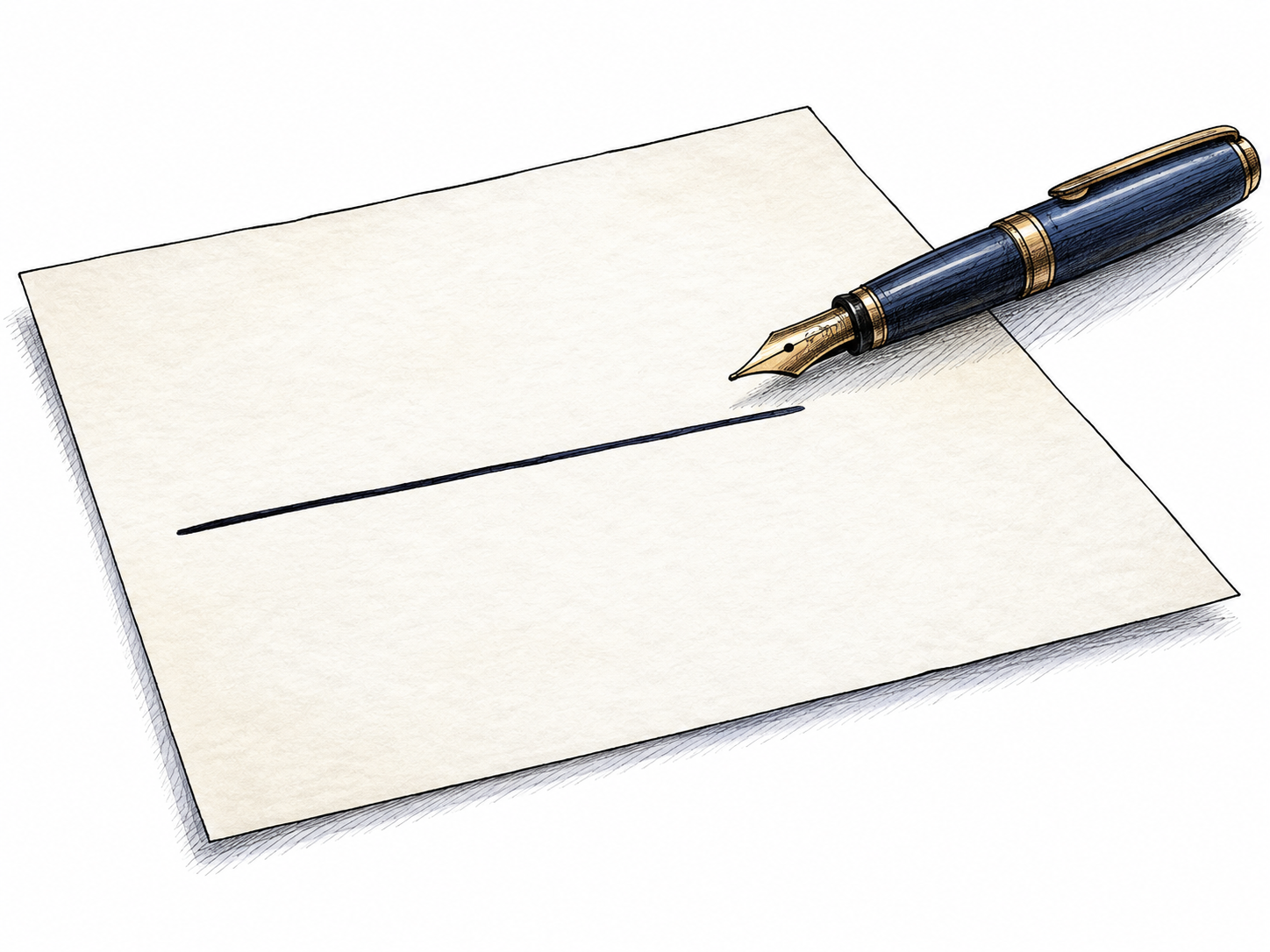 A single long narrow dark ink line crosses a clean sheet beside the pen that drew it; literal mark sense.
