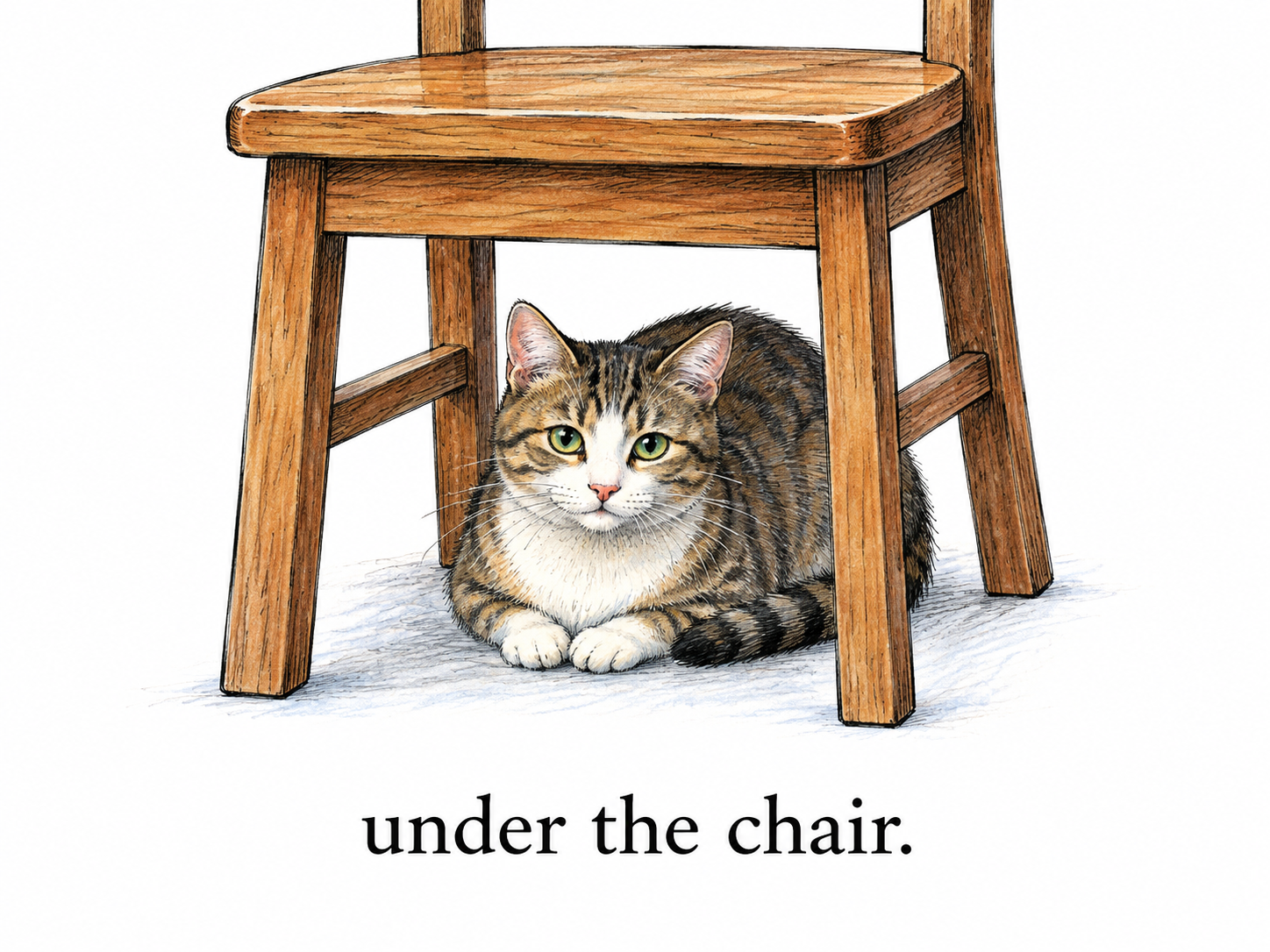 A cat sits under a simple wooden chair.