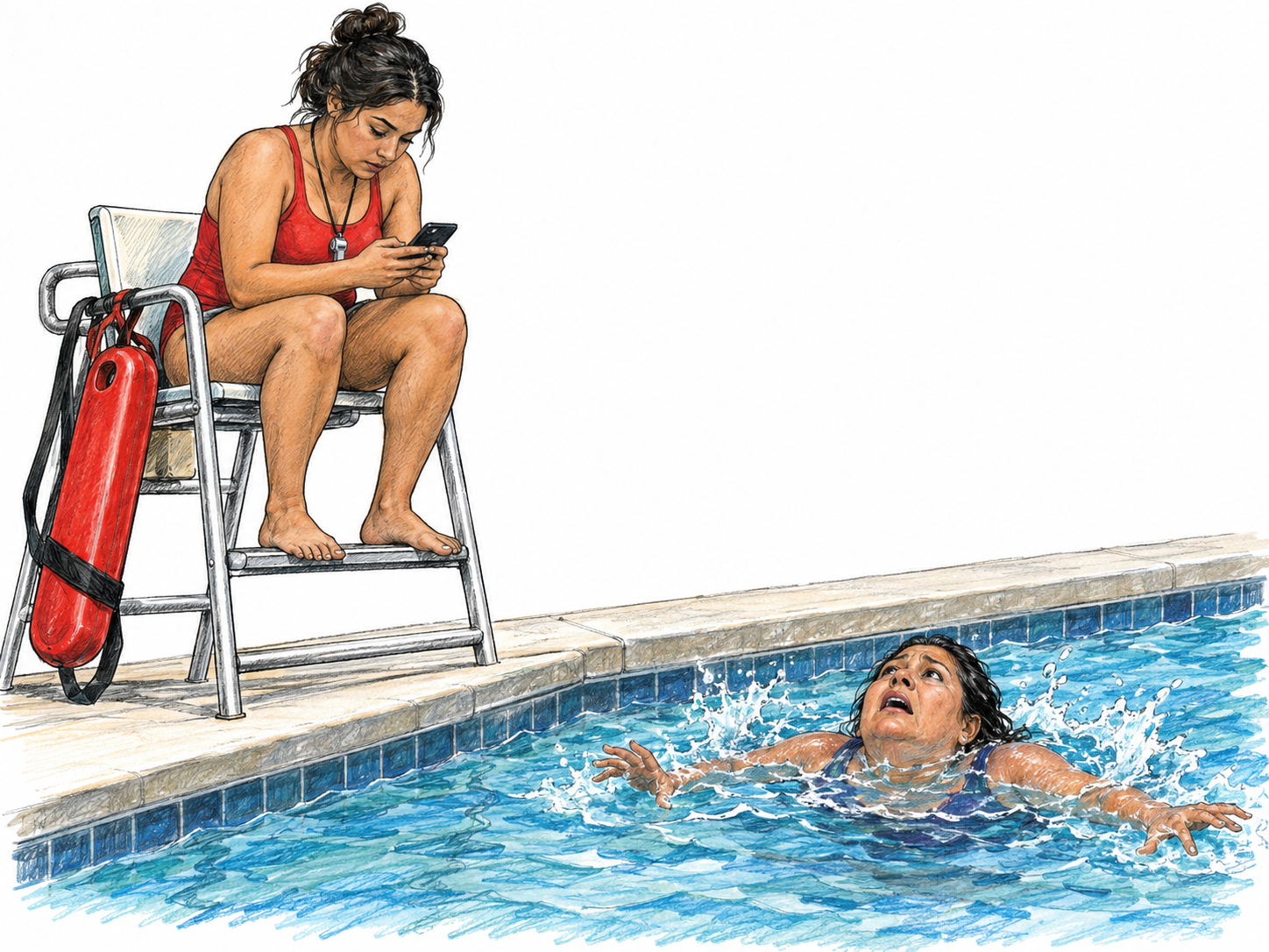 A pool lifeguard ignores a visibly struggling swimmer while absorbed in her phone, making the failure of an assigned safety duty concrete.