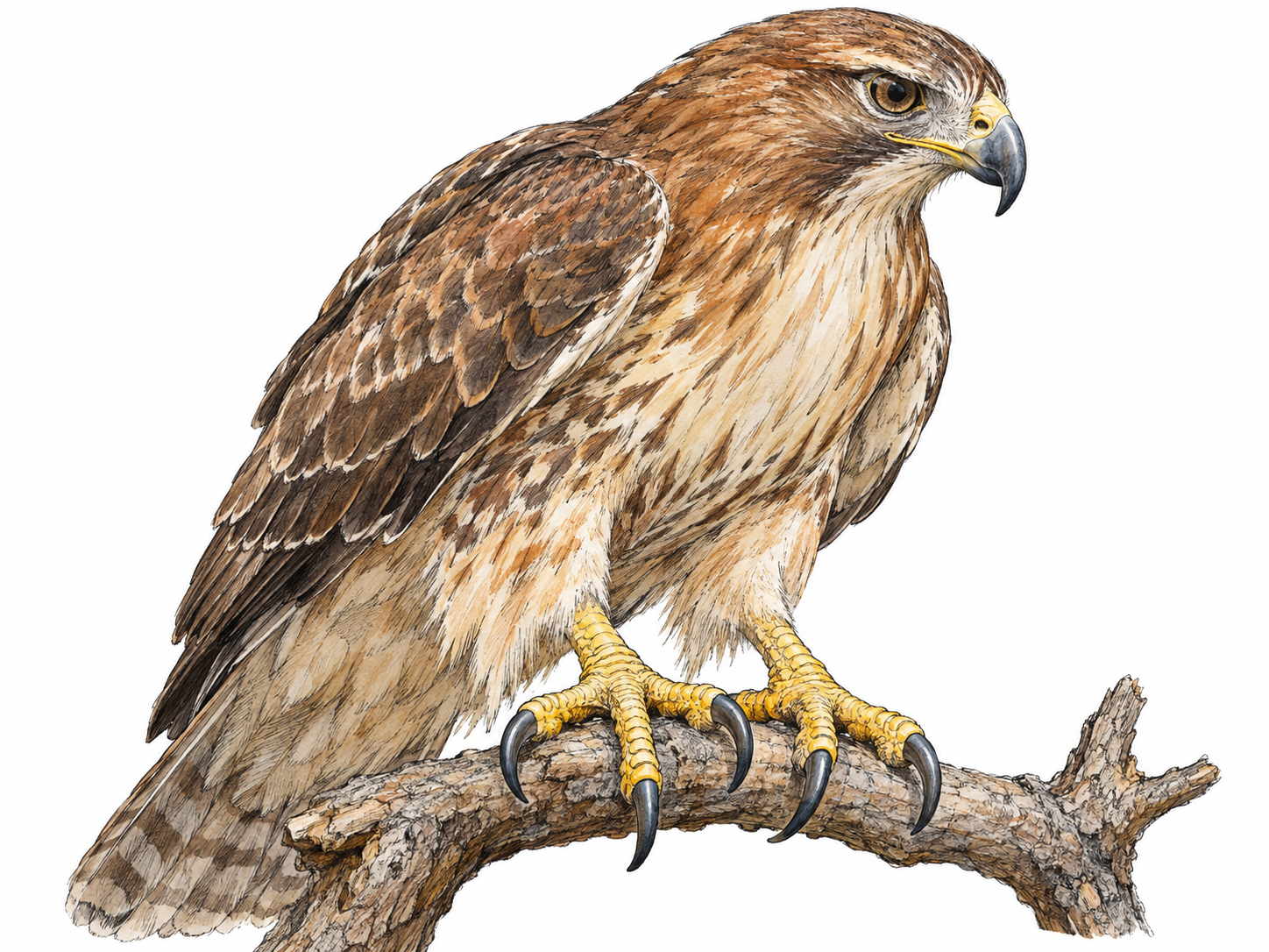 Close view of a hawk perched on a short bare branch, emphasizing its scaly feet and sharply curved black talons gripping the wood.