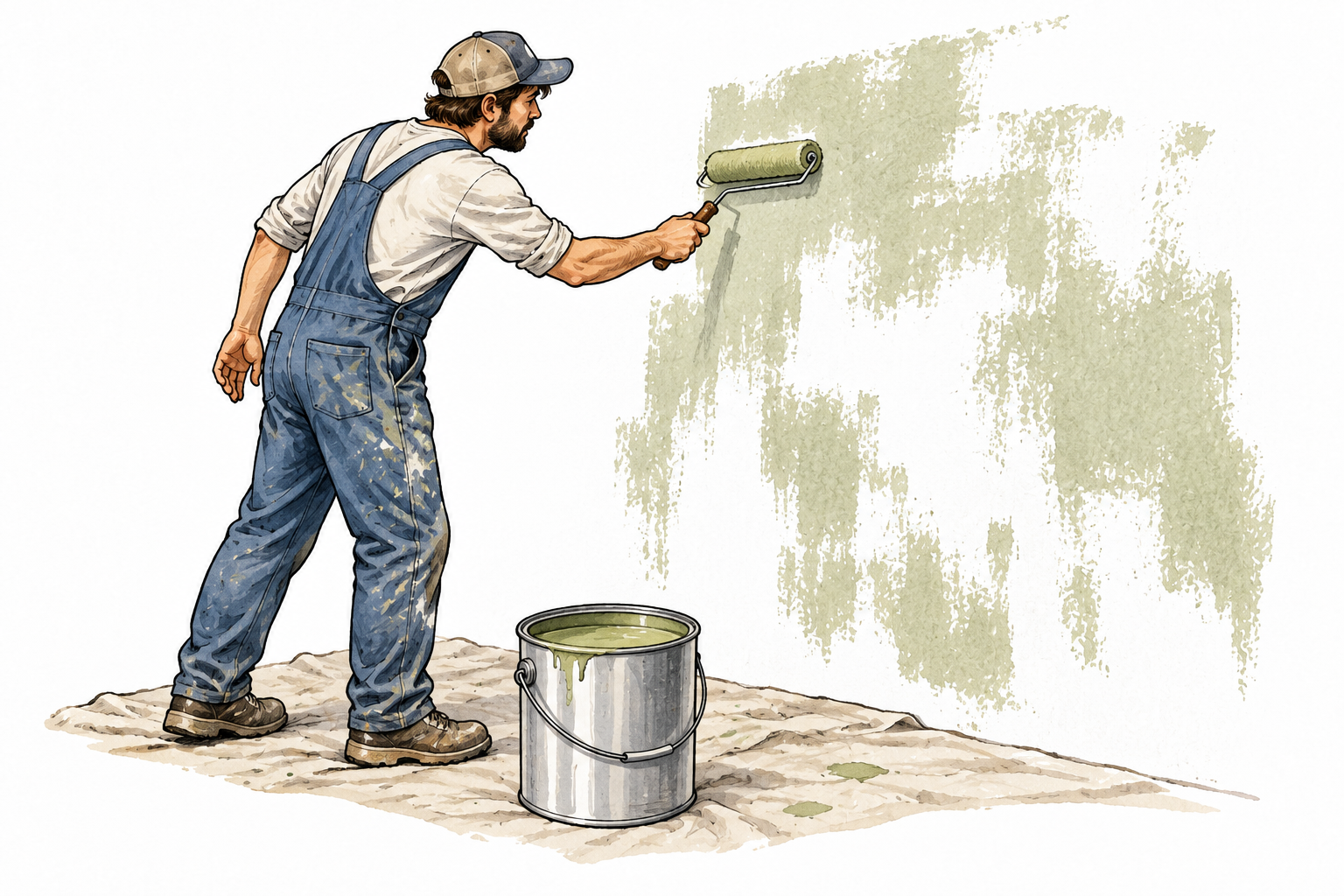 A painter applies too little paint to a wall, obvious patchy thin coverage while leaving ample paint unused.