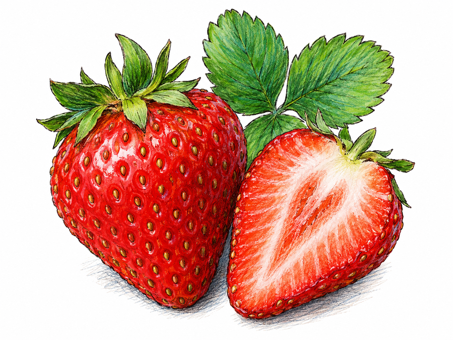 One ripe red strawberry with green leafy calyx beside a halved strawberry exposing pale center and red flesh.