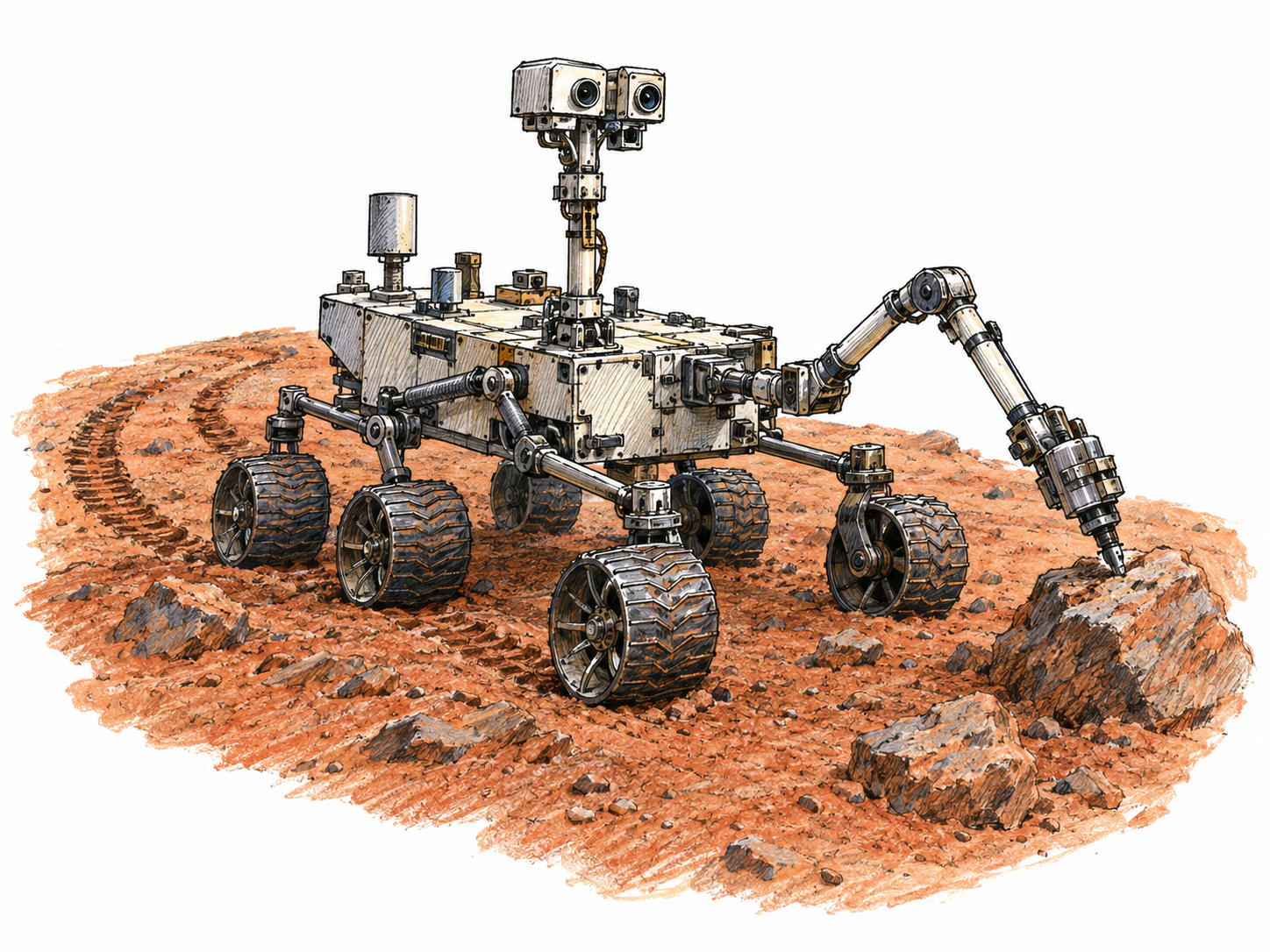 An unmanned planetary rover explores a barren reddish planetary surface, with six rugged wheels, a camera mast, and a robotic sampling arm reaching toward a rock.