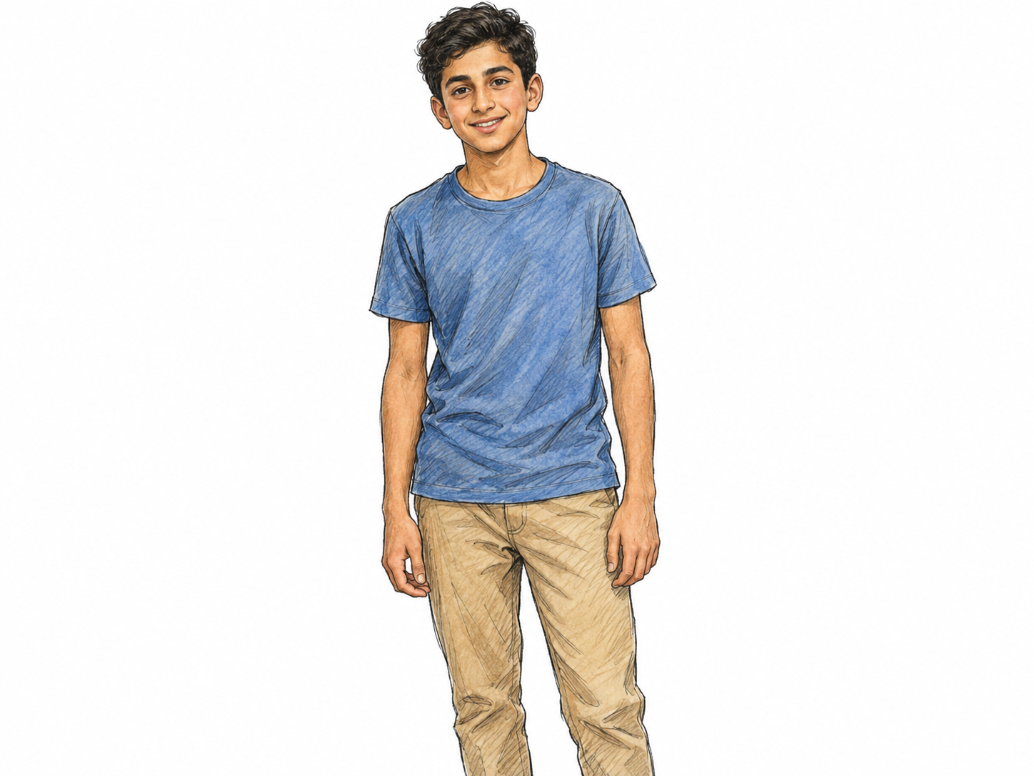 A single adolescent boy in ordinary modern clothing, standing casually with a friendly expression.