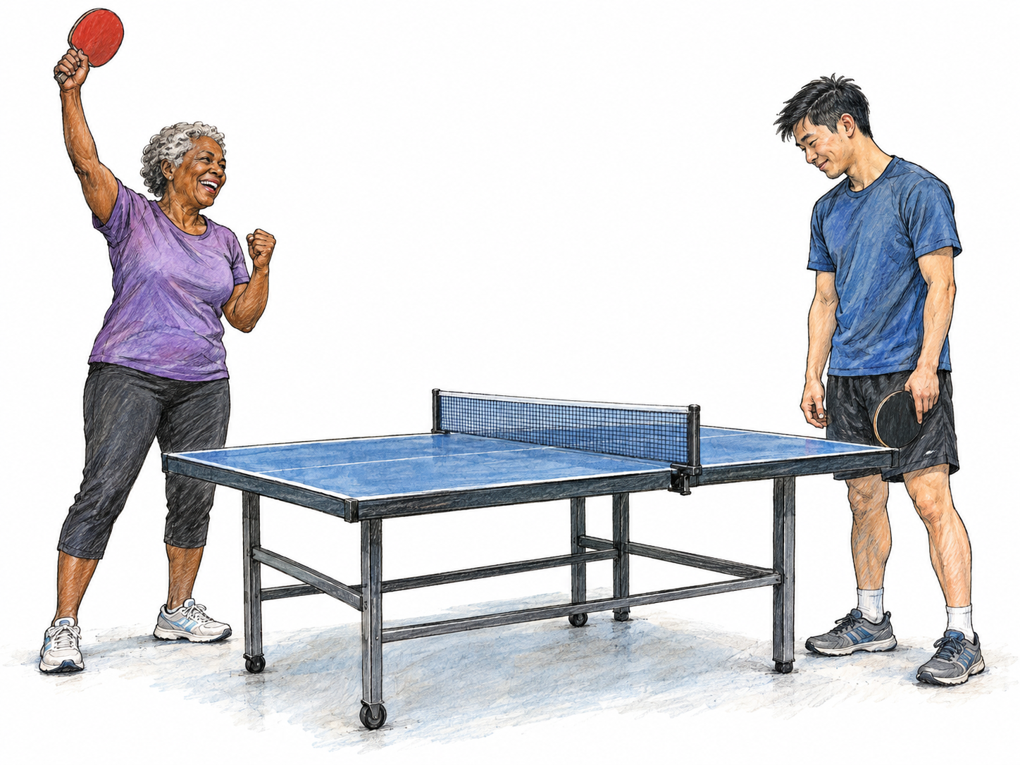 An older woman wins a table-tennis match against a younger man: she raises her paddle in quiet triumph while he acknowledges his defeat across the net.