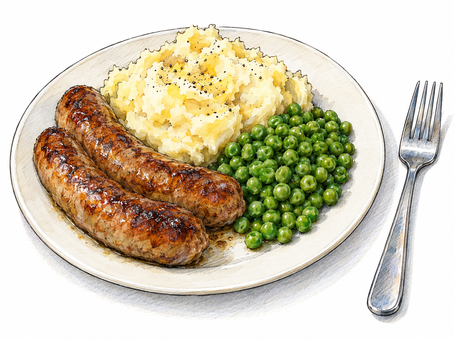 A plain plate piled with a simple, hearty meal of mashed potatoes, peas and browned sausages, with a fork beside it: everyday food without formal dining or decorative presentation.