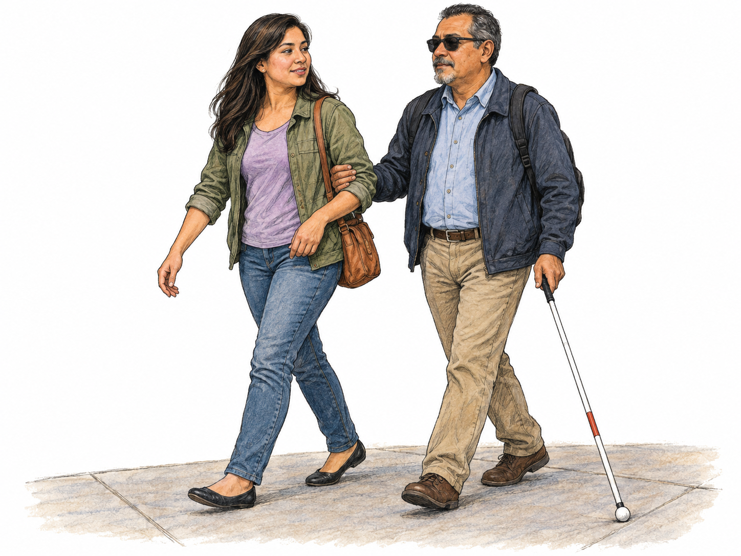 A sighted guide walks alongside a blind man, who holds her offered elbow and uses a white cane, making accompaniment for guidance visibly concrete.