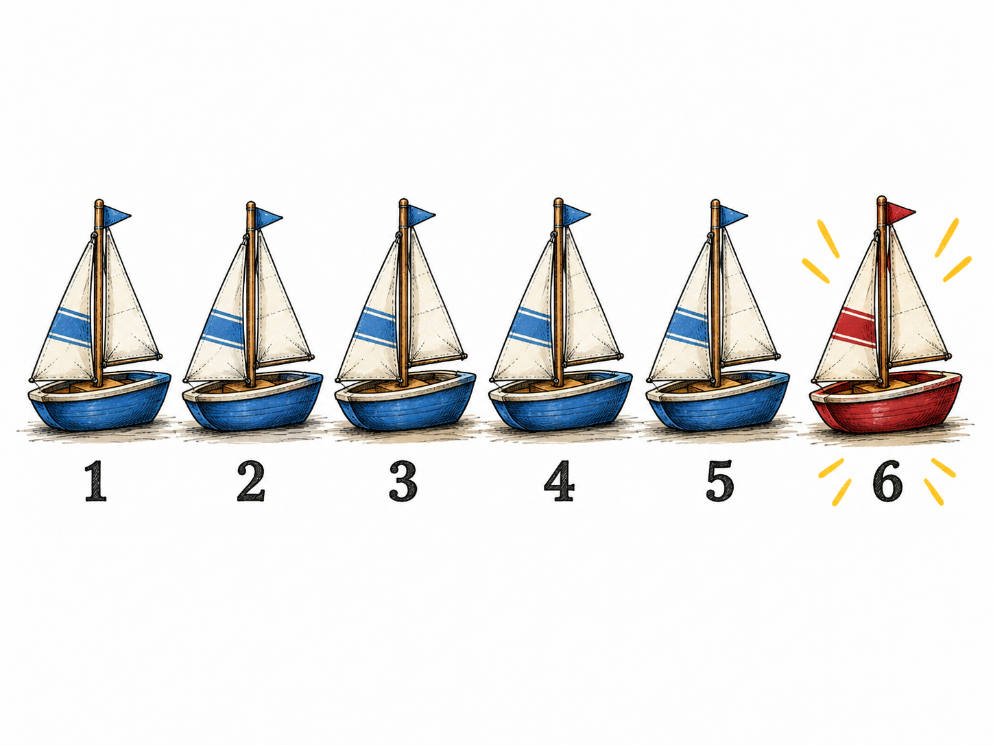 Six numbered positions in a clear left-to-right row contain six toy sailboats: the first five blue and the sixth red.