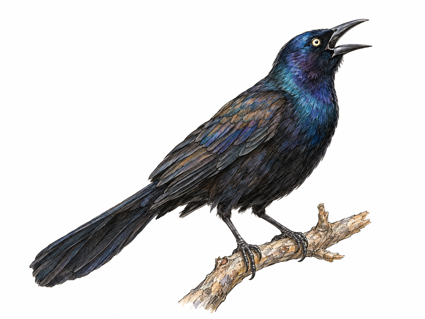 A single grackle perched on a bare branch, its glossy dark plumage showing restrained blue-purple iridescence and its bill open mid-call.