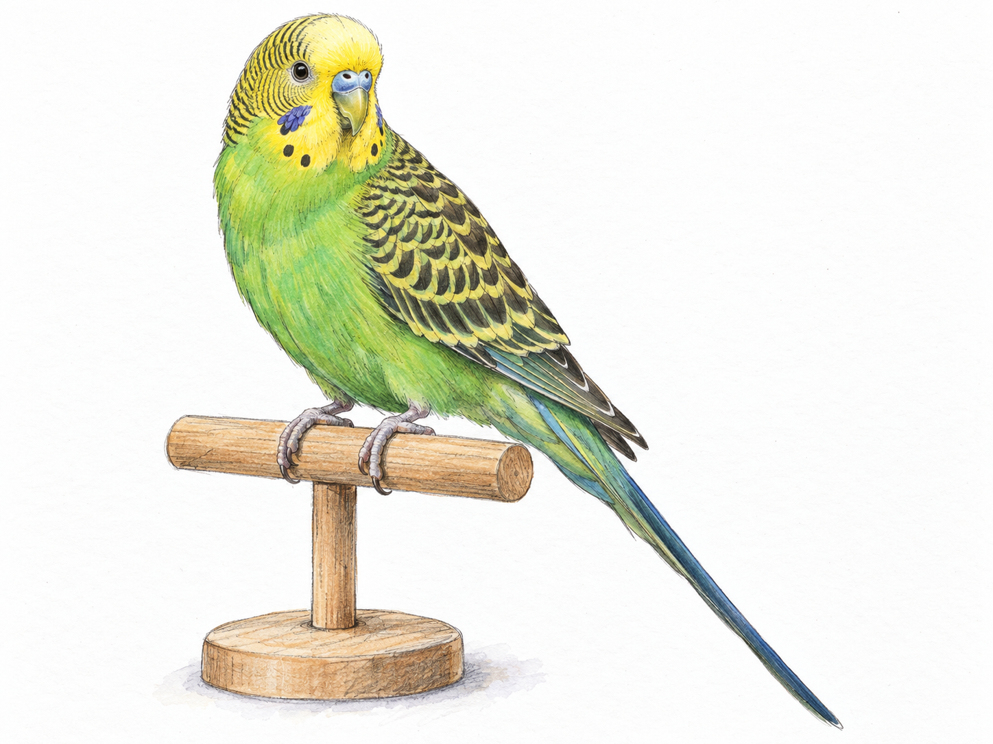 A single pet budgerigar perched on a simple wooden perch, its small hooked beak, green-and-yellow plumage and long tapered tail clearly visible.