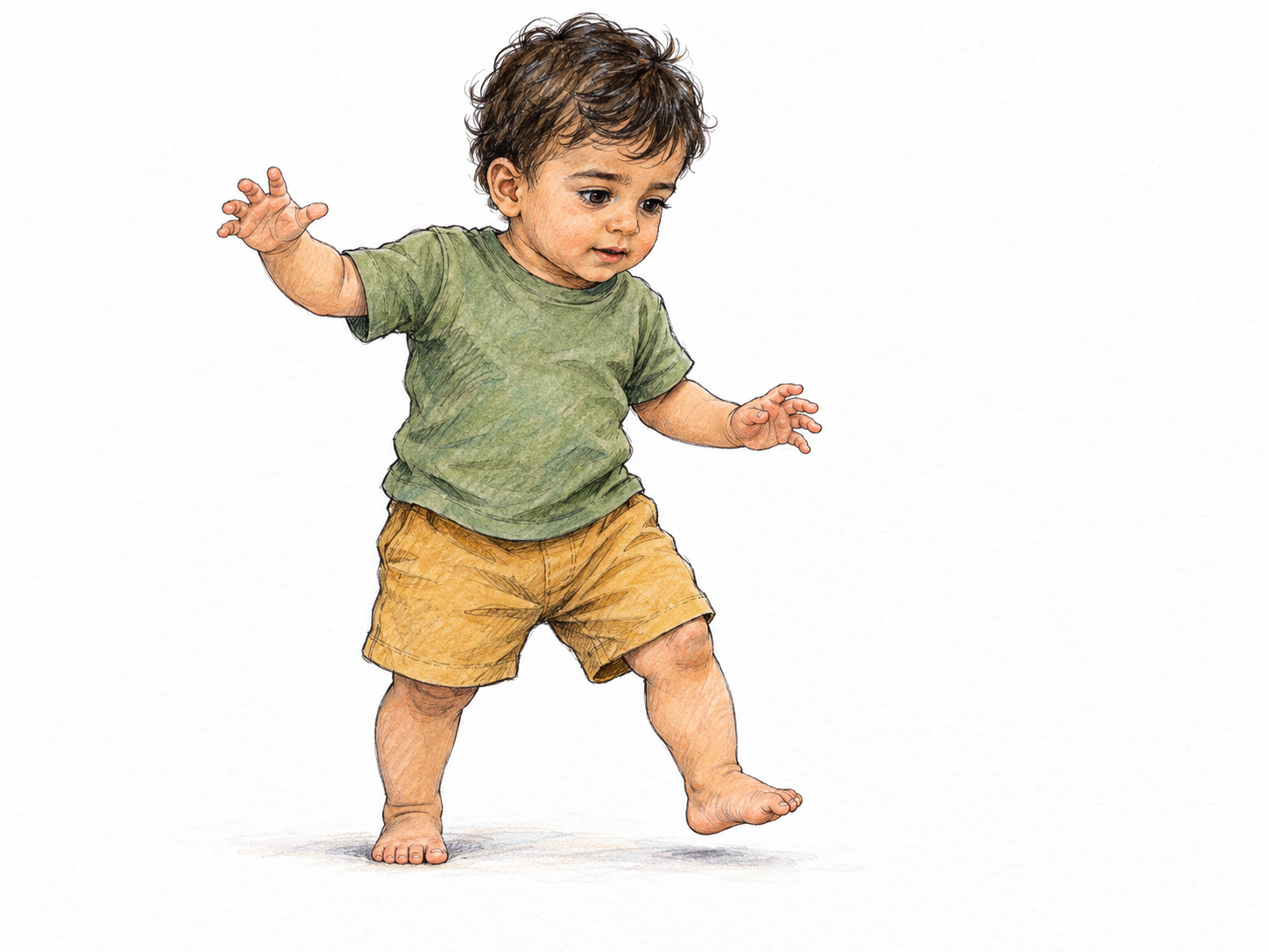 A toddler takes a short, wobbly independent step, with feet close together in the direction of travel, a wide stance, unevenly raised balancing arms, and a slight sideways lean.