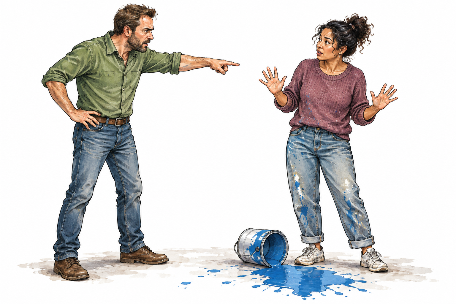 An adult pointing toward another adult beside a spilled paint can, claiming blame; the other person denies with open hands, realistic nuanced expressions.