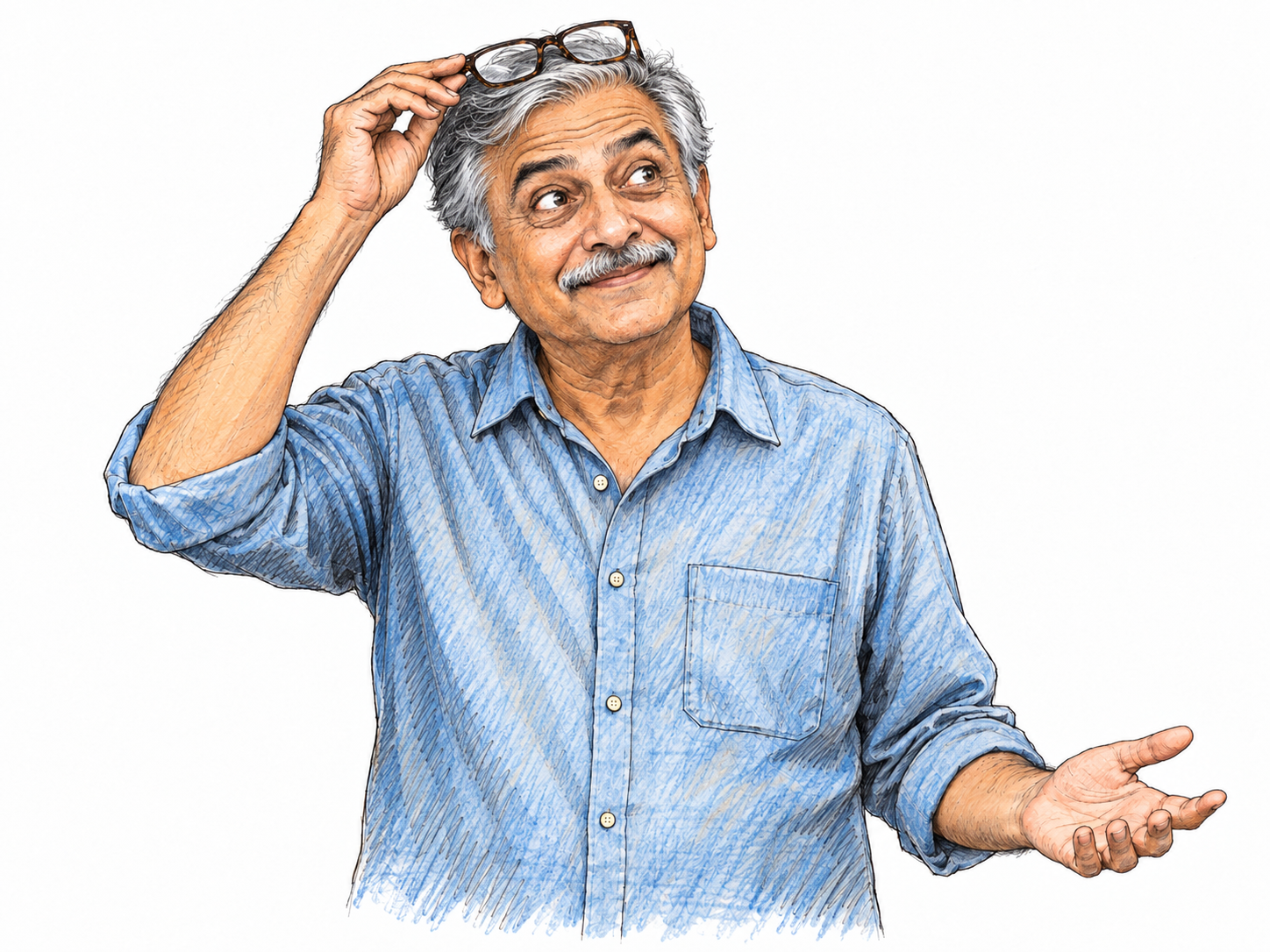 An older man searching for his glasses suddenly realizes they are perched on top of his head: his fingertips find the frames and his expression changes to amused recognition.