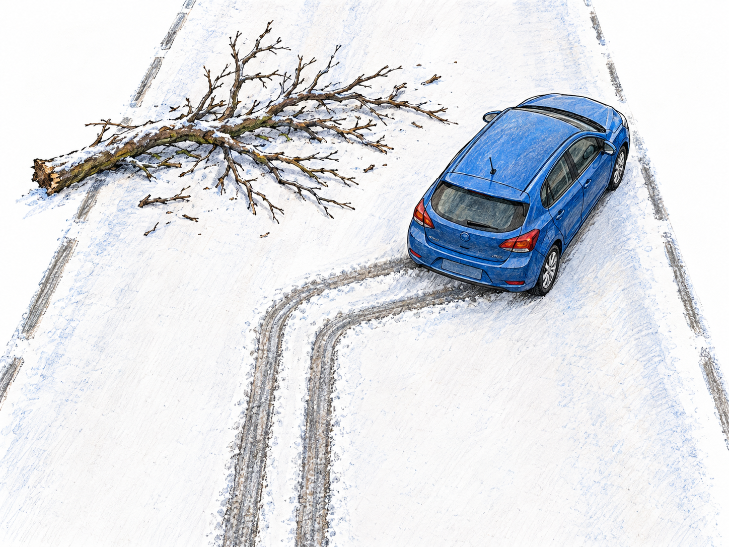 An overhead three-quarter view of a car abruptly veering aside to avoid a fallen branch on a straight, lightly snow-covered road.