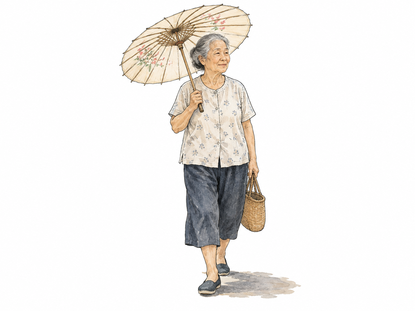 Woman holds light parasol shading face from sun, sparse small ground shadow.