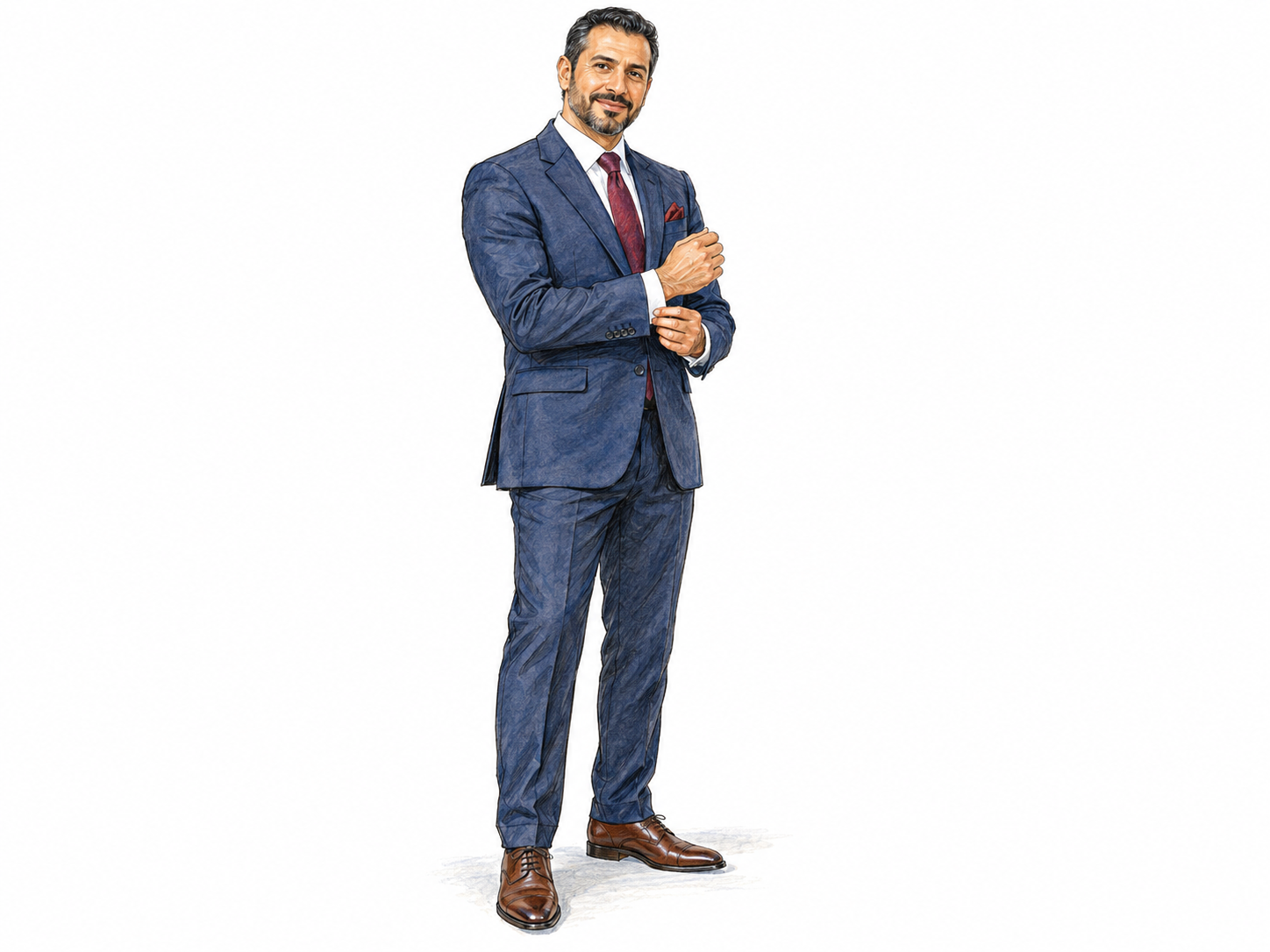 A impeccably groomed middle-aged man in a sharply tailored suit adjusts his cuff, with coordinated clothing and polished shoes making his neat, stylish appearance immediately visible.