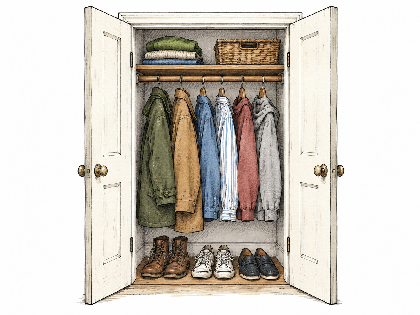 Open small clothes closet shows hanging coats, shirts and shoes in compact storage space, no brands or written labels.