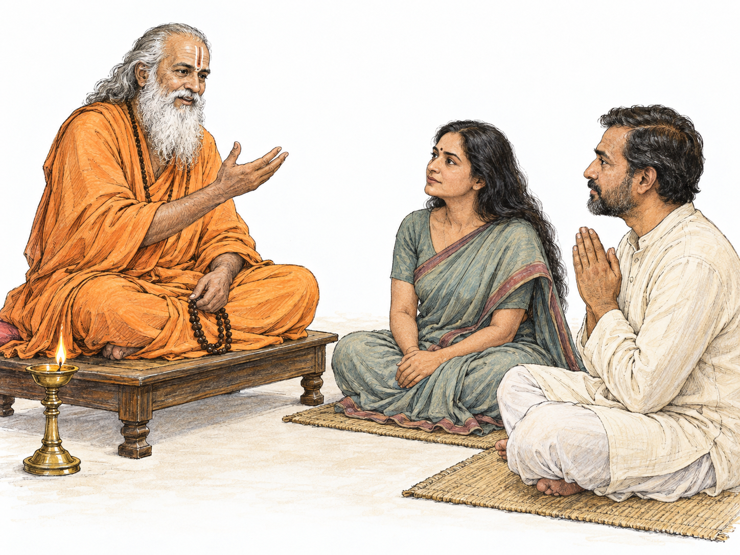 An elderly Hindu sage seated on a low teaching platform, explaining a spiritual teaching to two respectfully attentive adult disciples.